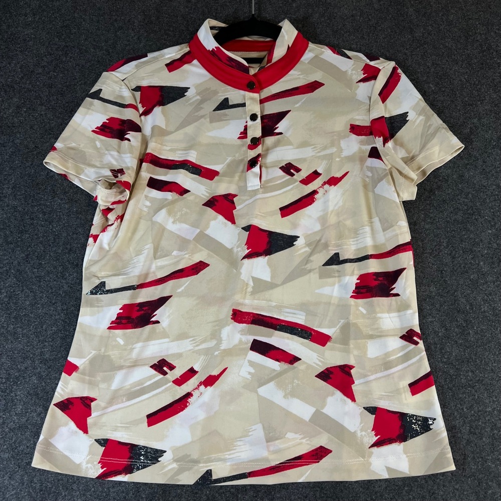 Tail Womens Golf Polo Shirt Medium Tan Red Abstract Print Mock Neck Activewear